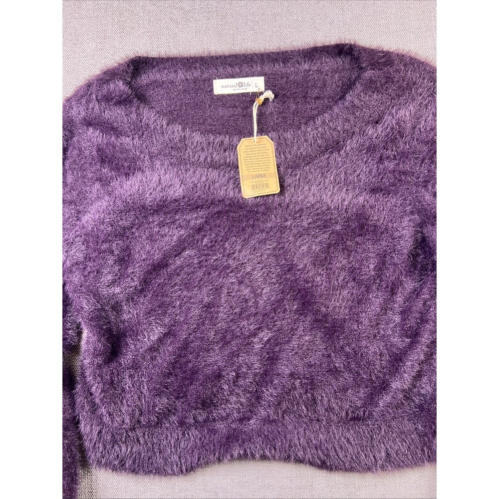 Natural Life Fuzzy Cropped Sweater‎ Boat Neck Long Sleeve Womens L Plum Purple - Picture 2 of 11